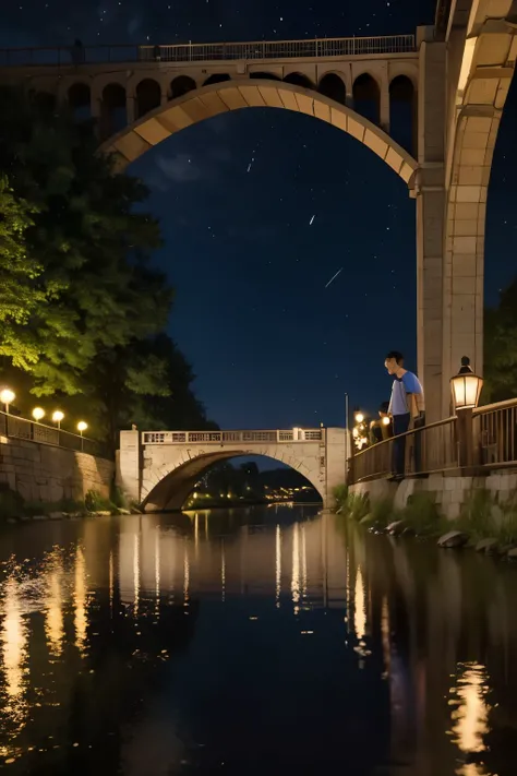 group of boys and girls near a bridge on a summer night,