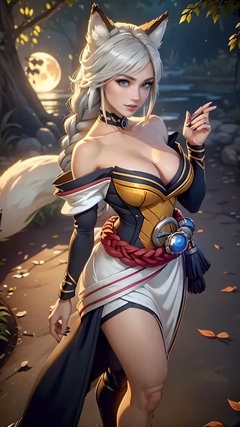 Ahri da league of legends,(best qualityer,4K,8k,high resolution, work of art:1.2)(weather: moonlight), Japanese female, spirit forest pond background, red and gold korean kimono dress, cleavage, spirit sphere, cute makeup, thigh high boots, belt, long silv...