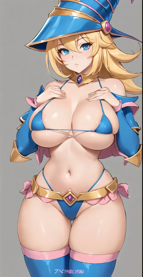 a cartoon picture of a woman with a hat and a blue top, black magician girl, a human-like juicy peach, yami kawaii, beautiful dark magician girl, cutesexyrobutts, portrait of princess peach, princess peach), commission for high res, bikini armor, extremely...