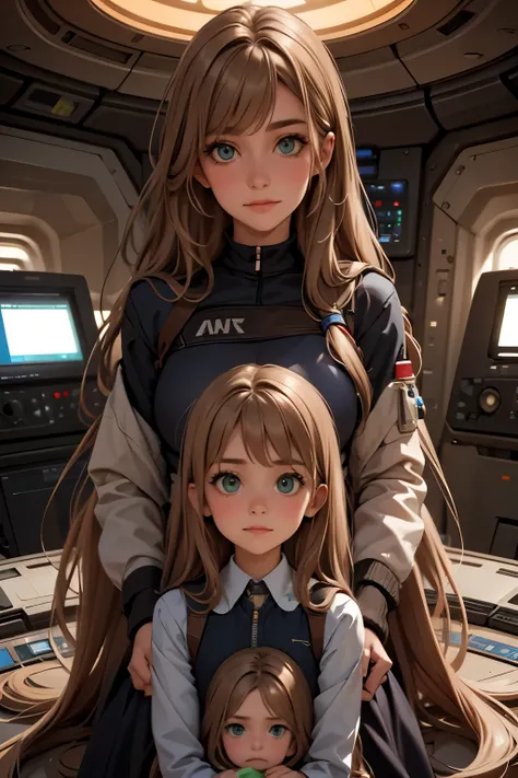 two little girls and a mother in a space station, a with long blond hair, a with long brown hair. Mom with long hair and dark green eyes