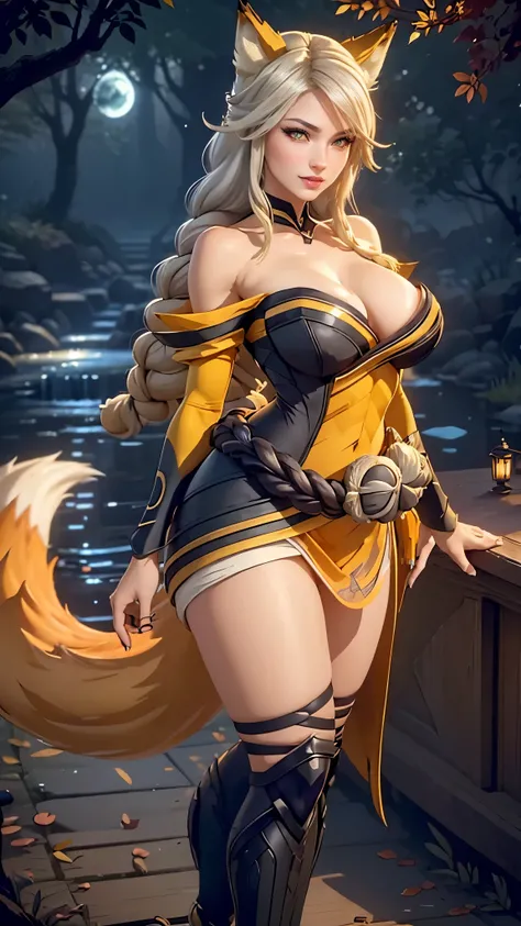 Ahri da league of legends,(best qualityer,4K,8k,high resolution, work of art:1.2)(weather: moonlight), Japanese female, spirit forest pond background, black and gold korean kimono dress, cleavage, scepter, cute makeup, thigh high socks, high heels, belt, l...