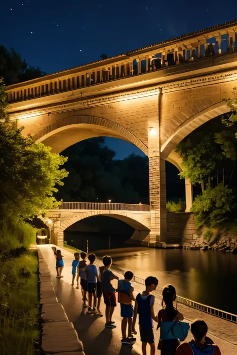 group of boys and girls near a bridge on a summer night,