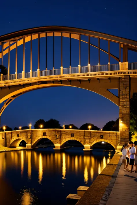 group of boys and girls near a bridge on a summer night,