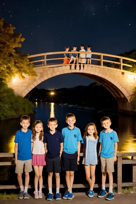 group of boys and girls near a bridge on a summer night,