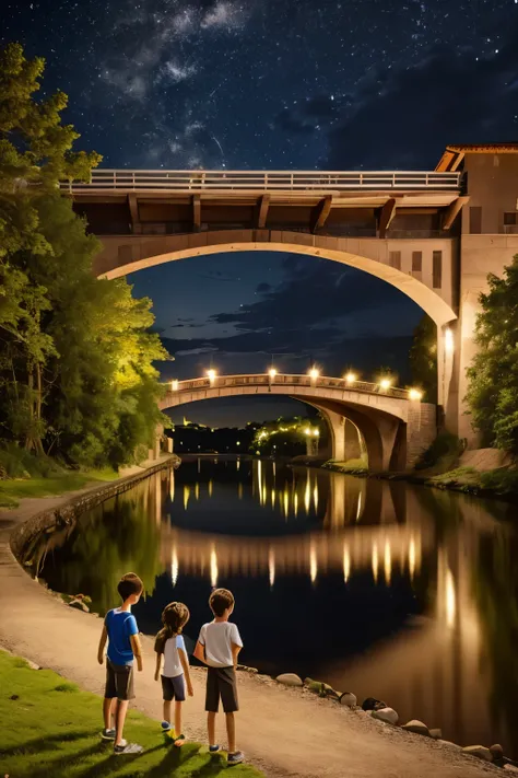 group of boys and girls near a bridge on a summer night,