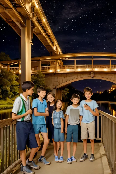 group of boys and girls near a bridge on a summer night,