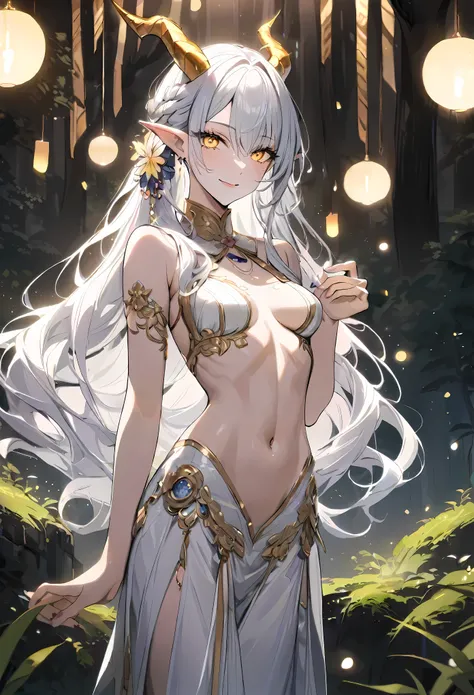 a woman in a white dress standing in a forest with lights, elf girl, alluring elf princess knight, white haired deity, she has elf ears and gold eyes, anime goddess, cushart krenz key art feminine, an elf queen, elf girl wearing an flower suit, beautiful a...