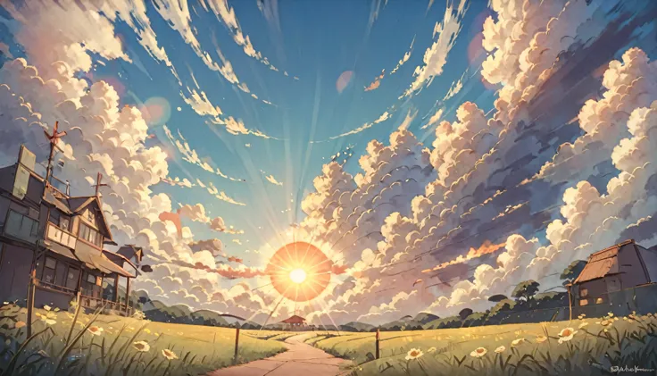 Clouds being crossed by the sun in Ghibli style without people.