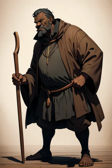 A medieval hunchbacked old man, grumpy, darkskin, with a wooden cane, fully body.
