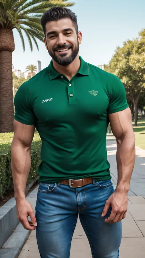Handsome Arab man, brawny, with beard, strong and muscular legs, big lump, work of art, smiling, super sexly de jeans e camisa polo verde com listras pretas, ultra realistic 8k masterpiece with great detail next to a super muscular font , sexly , in park, ...