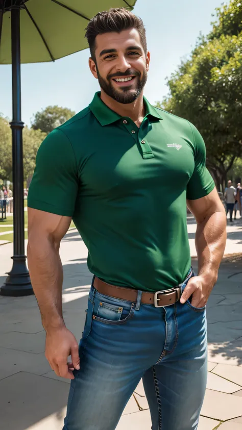 Handsome Italian Man, brawny, bearded, strong and muscular legs, big lump, work of art, smiling, super sexly de jeans e camisa polo verde com listras pretas, ultra realistic 8k masterpiece with great detail next to a super muscular font , sexly , in park, ...