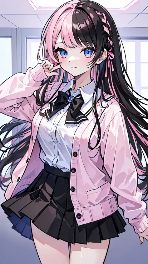 ((masterpiece、Highest quality、Very detailed))、One person、beautiful tatibana、(multicoloured_hair:1.2)、((Black Hair、Pink Hair))、Long Hair、braided、Light blue eyes、evil smile、Moderate breasts、((White collared shirt))、((pink cardigan))、((Black pleated skirt))、(...