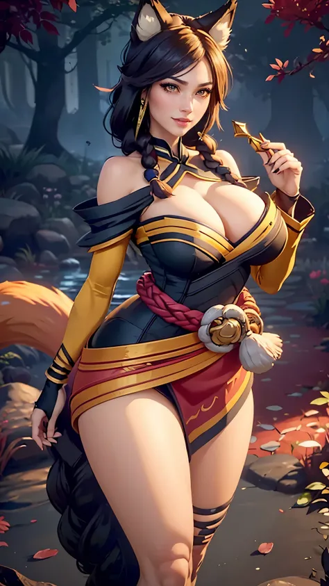 Ahri da league of legends,(best qualityer,4K,8k,high resolution, work of art:1.2)(weather: moonlight), Japanese female, spirit forest pond background, black and red korean kimono dress, cleavage, scepter, cute makeup, thigh high socks, high heels, belt, lo...