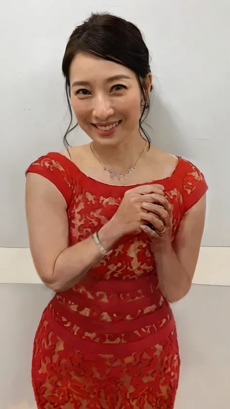 A middle-aged Japanese woman in a red lace see-through dress posing for a photo, Red lace see-through tight dress,Diamond Necklace,bracelet,Wearing a wedding ring,She clasps both hands in front of her chest to emphasize her bust,(16K, ultra highres:1.2),(m...