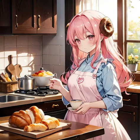 An anime-style illustration of ‘Fua-chan’ preparing an elegant breakfast. Fua-chan has distinctive features: long pink hair styled in soft curls resembling sheep’s horns, and pink eyes. She is depicted in a beautifully lit kitchen, wearing a stylish apron ...