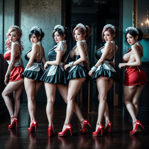 (Full Body of Extremely Detailed((Sexy Maid Group in a row:1.37))), KAWAII perfect face with Reflective Eyes, Detailed(Delicate Clothing textures), Correct Graceful Legs, Dynamic Joyful Expressions LifeLike Rendering, Specular Reflection, TopQuality 8K Ult...