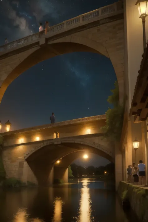 group of boys and girls near a bridge on a summer night,