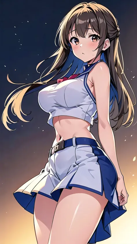 anime style: Kimi no Koto ga Dai Dai Dai Dai Daisuki na 100-nin no Kanojo, symmetrical face, white woman and light brown hair, young woman of 1, very realistic anime, a slave woman from ancient Egypt with a crop top period linen, short tight miniskirt, bod...