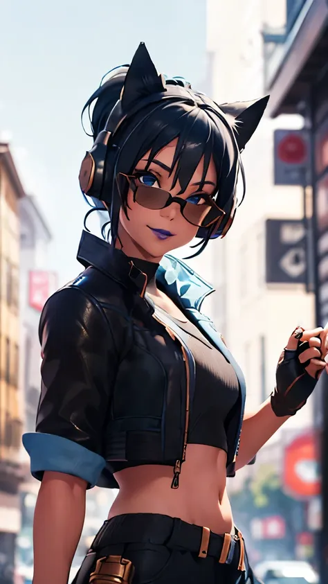 city background, 1girl, solo, heroichopefn, heroic hope from fortnite, (crop top, black top, open clothes), (jacket crop top, bl...