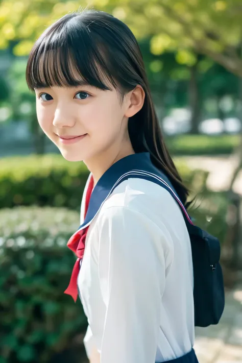 (Raw photo:1.2), (Photorealistic:1.4), Sailor suit, A young Japanese woman, Calm expression, Gently glance over, Long black hair, having a modest smile, detailed face, detailed eyes, Running with her skirt fluttering, Background is a school hallway, 10 sec...