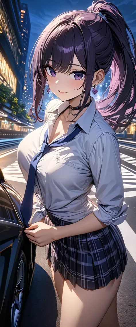 komi shouko wearing a jewelry, earrings, piercing, school uniform, white shirt, tied shirt, black choker, blue necktie, plaid sk...