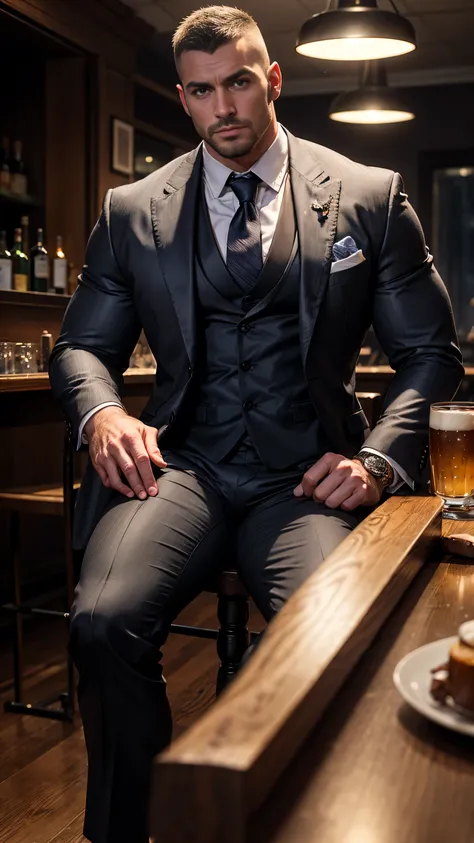 ,distant shot! Hairy chest muscles! hairty armpits!Someone is watching beside him. , arte digital sexy, suit and tie sitting in a beer bar, suit and tie, Rolex Watch, Finger rings, wearing a suit and tie, vestindo um terno and a tie, wearing suit and tie,...