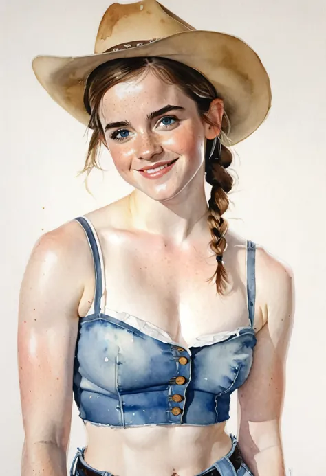 a watercolor painting of a ((pale skin)), defined muscles, six-pack abs, freckled, brunette young woman resembling Emma Watson, with blue eyes, blushing cheeks, pigtails, cowboy hat, naked, smiling, in the style of Norman Rockwell