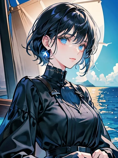 Beautiful young adult woman, short black hair, vibrant dark blue eyes, black clothing covered by a navy blue tunic, water magic, ultra detailed, ocean background