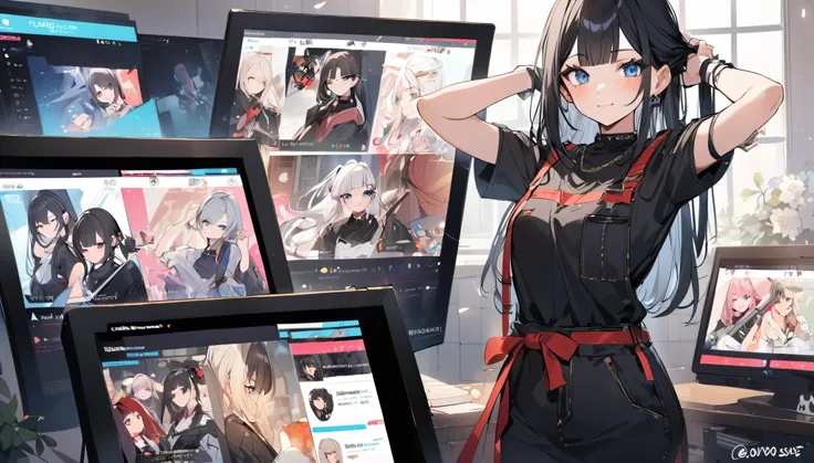 I play at music habs、iDOL、Japanese sword、rifle、Tying up hair、gun、Virtual Character Design,Black Hair、blunt bangs、Straight Hair, face, Modern design, 1 female,Sexy concept, 
A Vtuber livestream scene featuring a Japanese Vtuber with long black hair and blue...