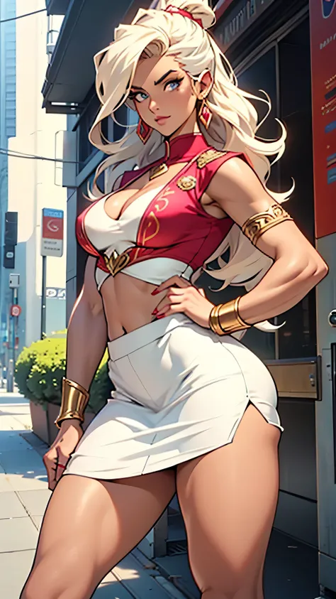 all intricate details: "Character: She ra, sexy girl, a girl with perfect anatomy similar a Priscilla Ricart, 36C cup bust, firm breasts and short and sexy clothes including a very short white miniskirt, (very similar to the 1985 cartoon series)"