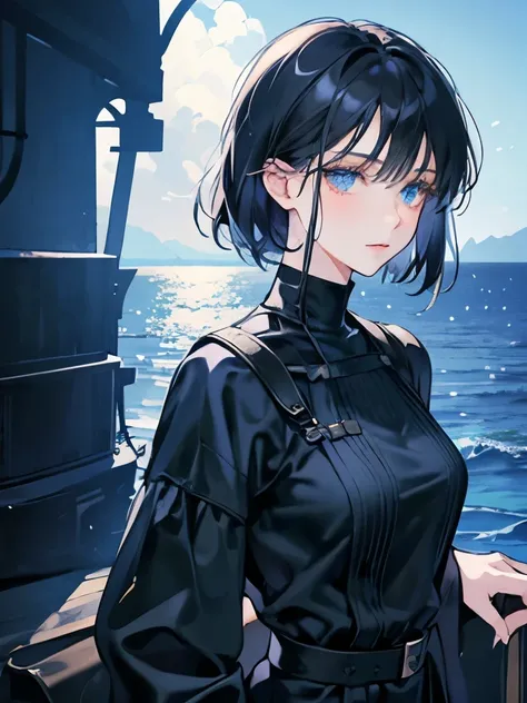 Beautiful young adult woman, short black hair, dark blue eyes, black clothing covered by a navy blue tunic, water magic, ultra detailed, ocean background