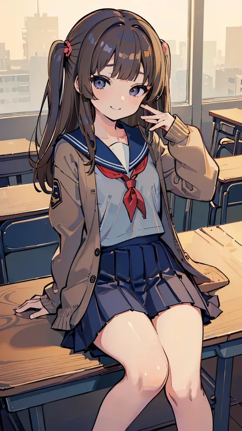 ((masterpiece、Highest quality、Very detailed))、One girl、Brown Hair、Long Hair、Two Side Up、blunt bangs、Grey Eyes、evil smile、((Small breasts))、((serafuku))、((lightbrown cardigan))、((Navy blue pleated skirt))、Cowboy Shot、Sit at a desk、Classroom Background