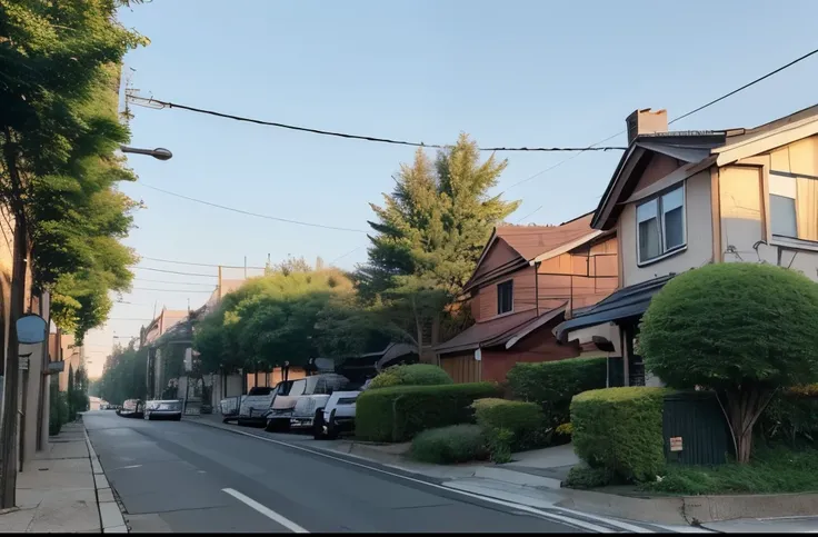 rise sun, with houses in front, the street with trees, very cozy 