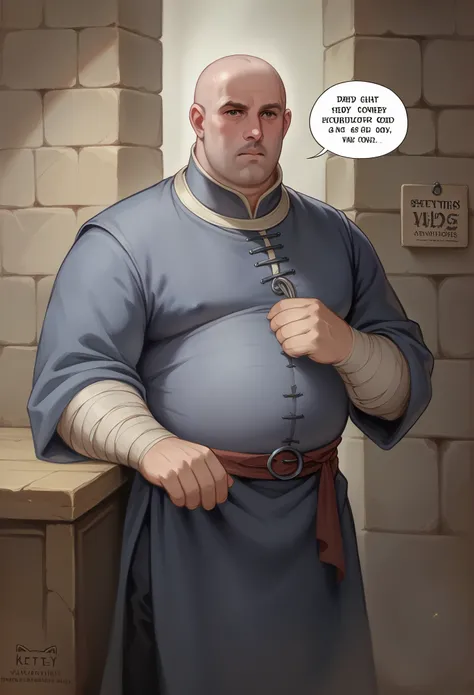 "Create an image of a male character for a visual novel, standing and looking directly at the camera. He is noticeably overweight, with a round face, double chin, and bald head with a few gray strands of hair around the sides. He wears a futuristic take on...