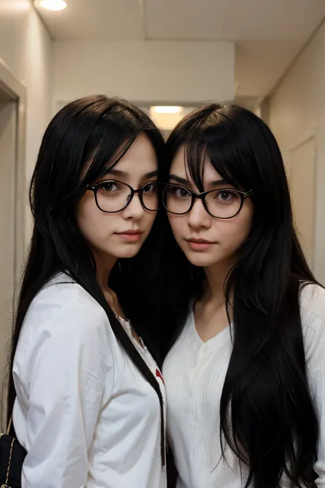 Anime girl with long black hair wearing glasses next to another girl
