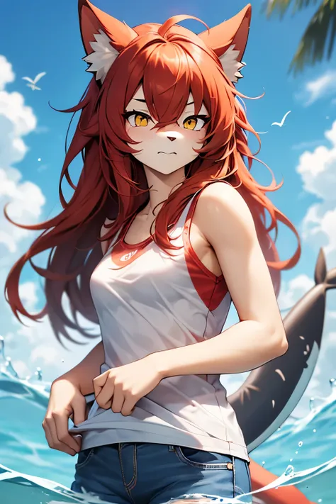 furry girl swimming shark, abundant red hair, bangss, light brown skin, velues, cuddly, yellow  eyes, high qualiy, velues, White tank top, light blue mini jeans.