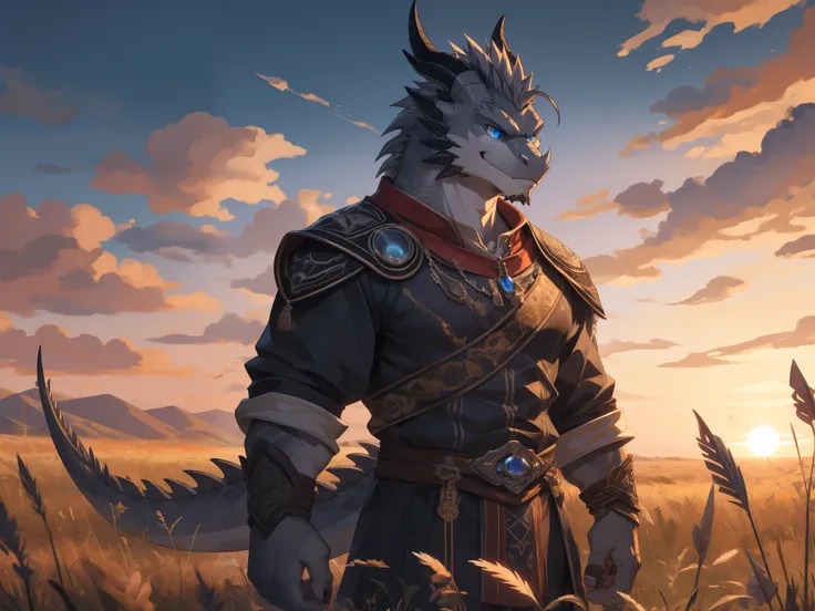 Masterpiece, Solo, (Grey dragon, Blue eyes, Medium gray hair, A Pair of black horns) Muscular Body, Handsome, Good Looking, Adult, Fierce, Smirking, Casual Outfit, Sunset, Field Background