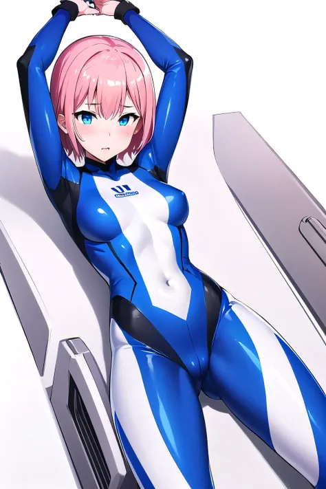 girl,boyish, very short hair, pink Hair, medium Breasts, glossy tight zero suit,Cowboy Shot,blush,sexy face,blue eyes,front leg pose,Tight fit,clearly,Striped pattern, (white background:1.3), aroused face, lie on back