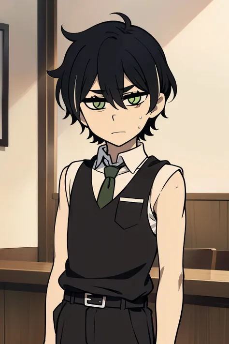 Highres, Masterpiece, Best quality at best,Best Quality,hight quality, hight detailed, Anime style, 1boy, Shota, young boy, Young andy graves, hair between eyes, closed mouth,black hair, green eyes, Slim body, messy hair, bright pupils, look at viewer,Slee...