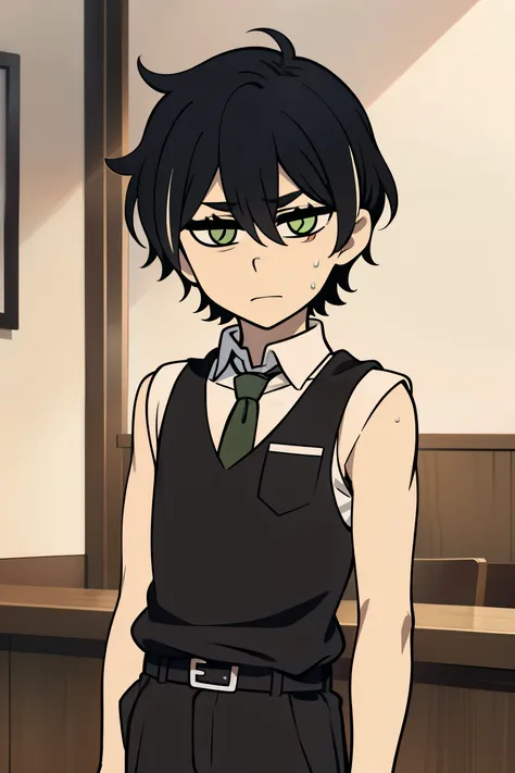 Highres, Masterpiece, Best quality at best,Best Quality,hight quality, hight detailed, Anime style, 1boy, Shota, young boy, Young andy graves, hair between eyes, closed mouth,black hair, green eyes, Slim body, messy hair, bright pupils, look at viewer,Slee...