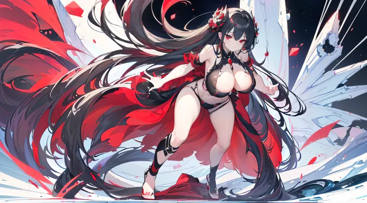 Exquisite eyes),(Clear and beautiful eyes:1.61),masterpiece, 1 young girl,(Black clothes and some red gems), Black long hair, (She has a huge red gem on her chest), Good Hand,((The Havoc of StarCraft)),full-body shot,Fighting Stance,(Red Eyes:1.466)，short ...