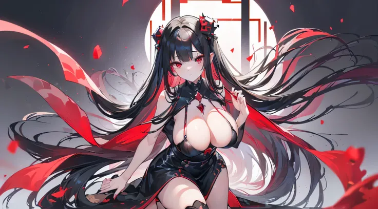 Exquisite eyes),(Clear and beautiful eyes:1.61),masterpiece, 1 young girl,(Black clothes and some red gems), Black long hair, (She has a huge red gem on her chest), Good Hand,((The Havoc of StarCraft)),full-body shot,Fighting Stance,(Red Eyes:1.466)，short ...