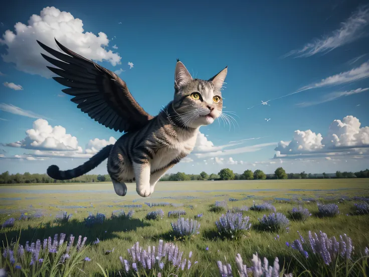 a cat flying with wings, alone, in the middle and further foward a field of blue flowers with a green sky and black clouds