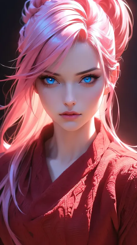 a girl in a medical gown, red sweater, black skirt, belt, expressive blue eyes, flowing silky pink hair, unreal ink rendering, (best quality,4k,8k,highres,masterpiece:1.2),ultra-detailed,(realistic,photorealistic,photo-realistic:1.37),portrait,cinematic li...