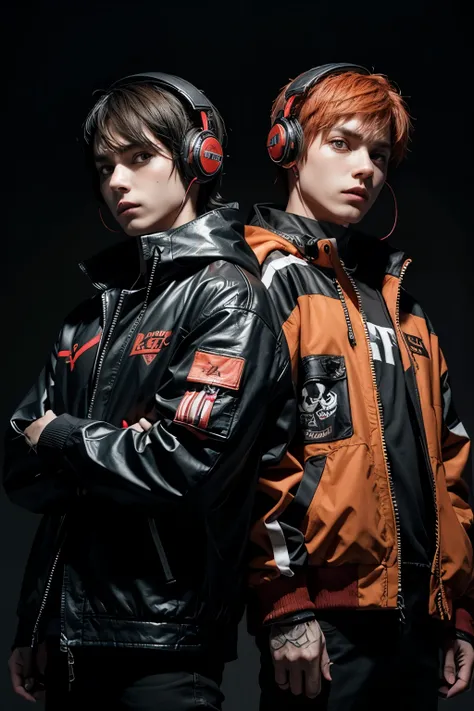 Two skulls in jackets, one red and the other black, with neon orange headphones playing in a rock band