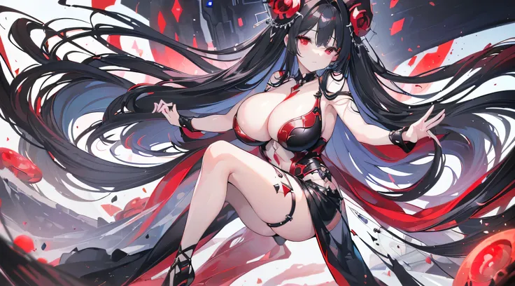 Exquisite eyes),(Clear and beautiful eyes:1.61),masterpiece, 1 young girl,(Black clothes and some red gems), Black long hair, (She has a huge red gem on her chest), Good Hand,((The Havoc of StarCraft)),full-body shot,Fighting Stance,(Red Eyes:1.466)，short ...