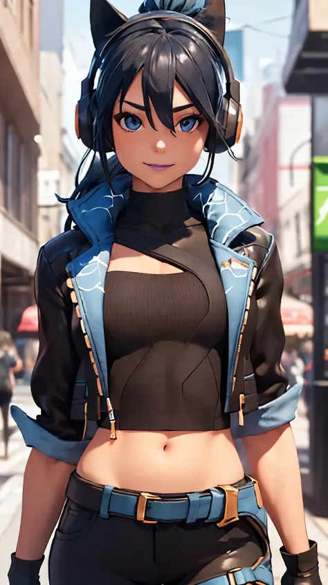 City background, 1girl, solo, HeroicHopeFN, Heroic Hope from fortnite, (crop top, black top, open clothes), (jacket crop top, black jacket, blue loose, jacket loose), fingerless gloves, black pants, blue belt, blue hair, ponytail, blue eyes, headphones, ca...