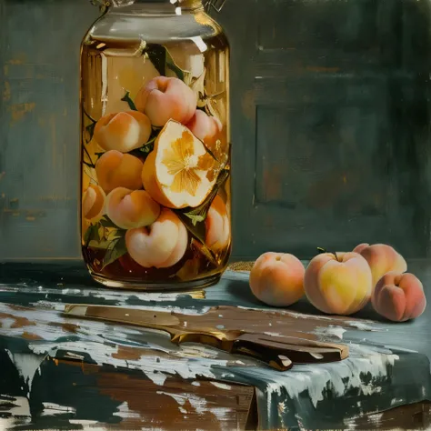 painting of a jar of peach and a peach on a table, Aurel Bernat, still life, By Joseph von Führich, Rudolf Koller, Manet, By Euan Yuguro, Margaret Leitelitz, peach, By William Nicholson, by J. Alden Wire, エドゥアール・Manet