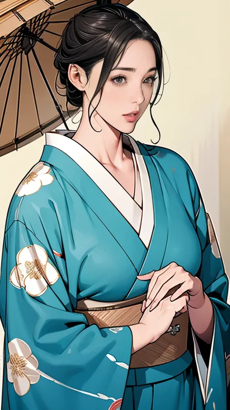 1,Japanese hairstyle,Photorealism,detailed,masterpiece,mature,((full)), (Broad shoulders), ((Huge)),プラスサイズのmature女性,expensive,30 years old,Pretty face, (Plump woman),Beautiful long-sleeved kimono,kimono,Hold your chest with both hands:1,high quality,Are st...