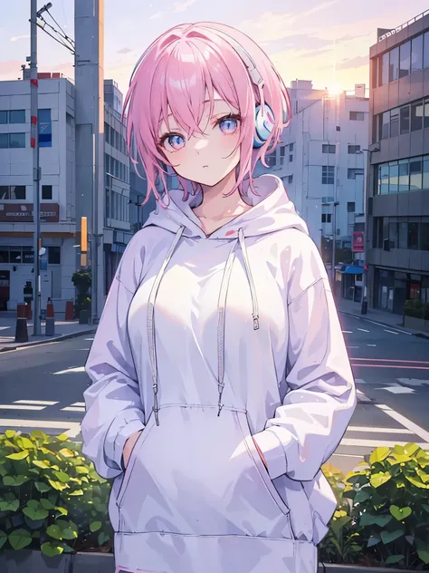 masterpiece, Highest quality, One Girl, Pink and blue hair, Mouth closed,, View your audience, , short hair, Sunset alone, Upper Body, ((Wearing a plain white hoodie)) 、((White headphones worn on ears)),moderate bust、Urban Background,Large Breasts,1 girl,(...